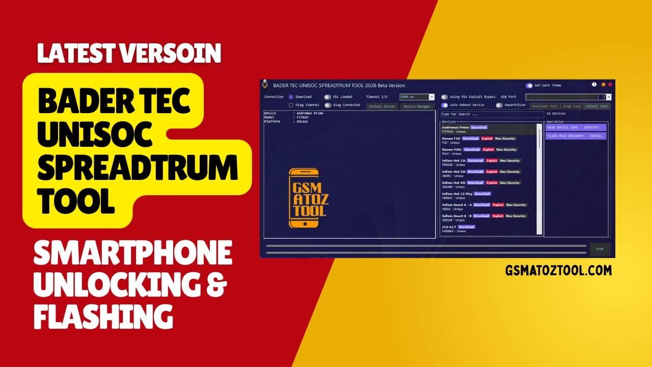 Bader tec unisoc spreadtrum tool download for flashing and frp removal 1 Bader tec unisoc spreadtrum tool interface showing flash diag and unlock features for unisoc phones