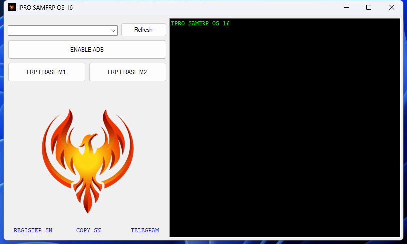 Ipro samfrp os 16 tool interface showing frp erase options for android 16 devices