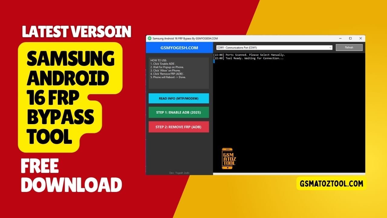 Samsung android 16 frp bypass tool interface showing frp lock removal process on samsung devices