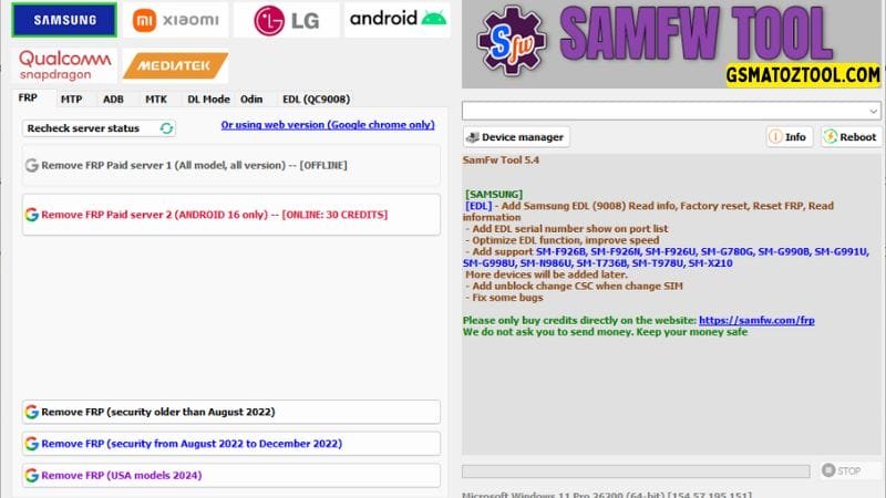 Samfw tool 5. 4 one-click samsung frp removal tool 2 Samfw tool interface showing features for bypassing micloud lock resetting frp and performing a factory reset.