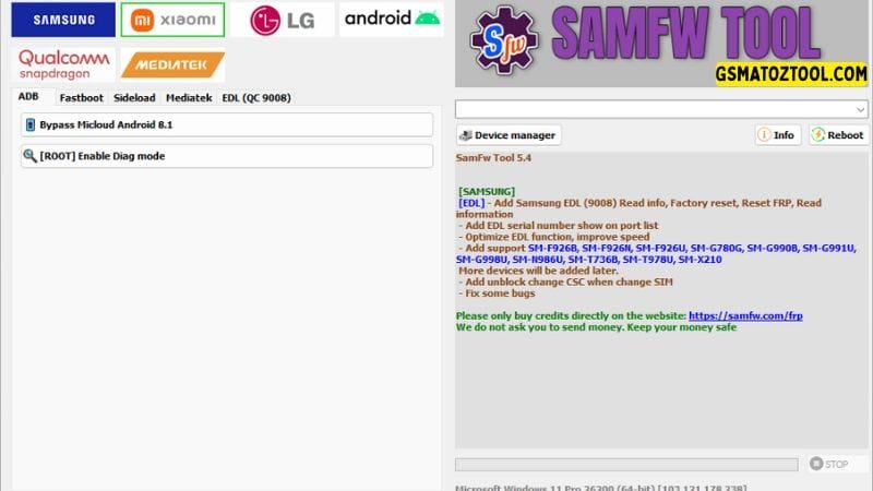 Samfw tool 5. 4 one-click samsung frp removal tool 8 Samfw tool interface showing options for bypassing micloud on android 8. 1 and enabling diag mode.
