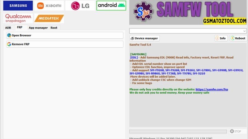 Samfw tool 5. 4 one-click samsung frp removal tool 15 Samfw tool showing frp removal and browser options.
