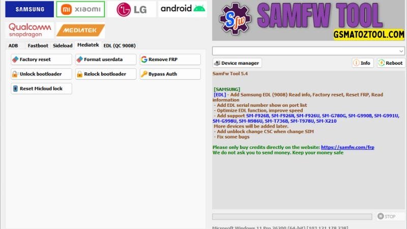 Samfw tool 5. 4 one-click samsung frp removal tool 10 Samfw tool interface showing features like factory reset removing frp unlocking bootloader and resetting micloud lock.