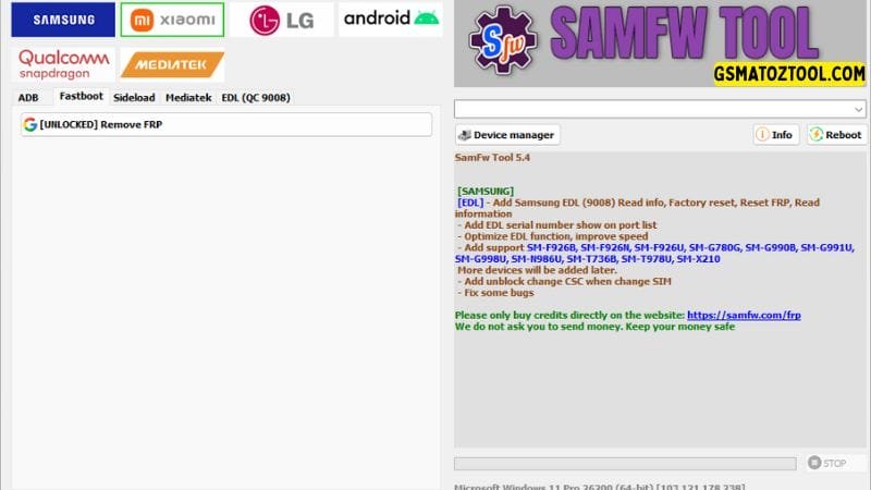 Samfw tool 5. 4 one-click samsung frp removal tool 9 Samfw tool interface showing the unlocked frp removal feature.
