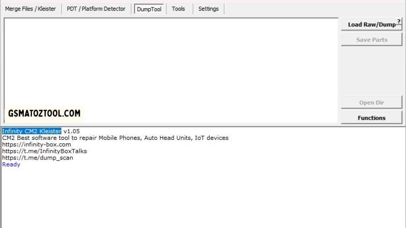Infinity cm2 kleister tool dumptool tab showing load raw dump and save parts options.