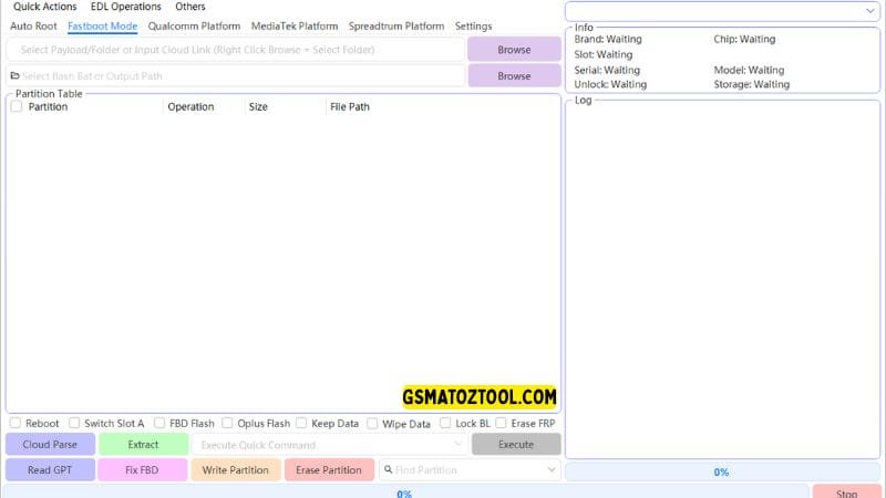 Multiflash tool latest version for qualcomm mtk & spreadtrum devices 5 Multiflash tool interface showing fastboot mode with qualcomm mediatek and spreadtrum platforms partition table flashing options and device information panel.