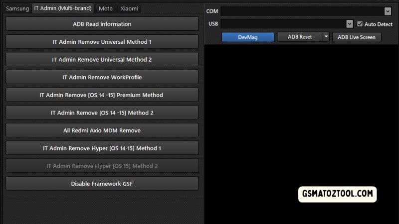Ssmtool it admin (multi-brand) tab showing adb read info it admin remove methods workprofile removal redmi aixo mdm remove hyper os methods and disable framework gsf options.