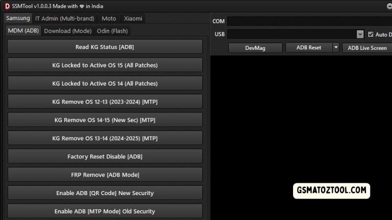 Ssmtool showing samsung it admin (multi-brand) mdm (adb) options including kg status kg remove frp remove and adb enable