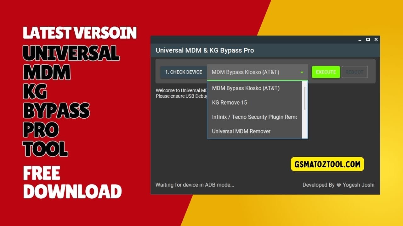 Universal mdm & kg bypass pro tool main interface showing one-click mdm kg and frp bypass options.