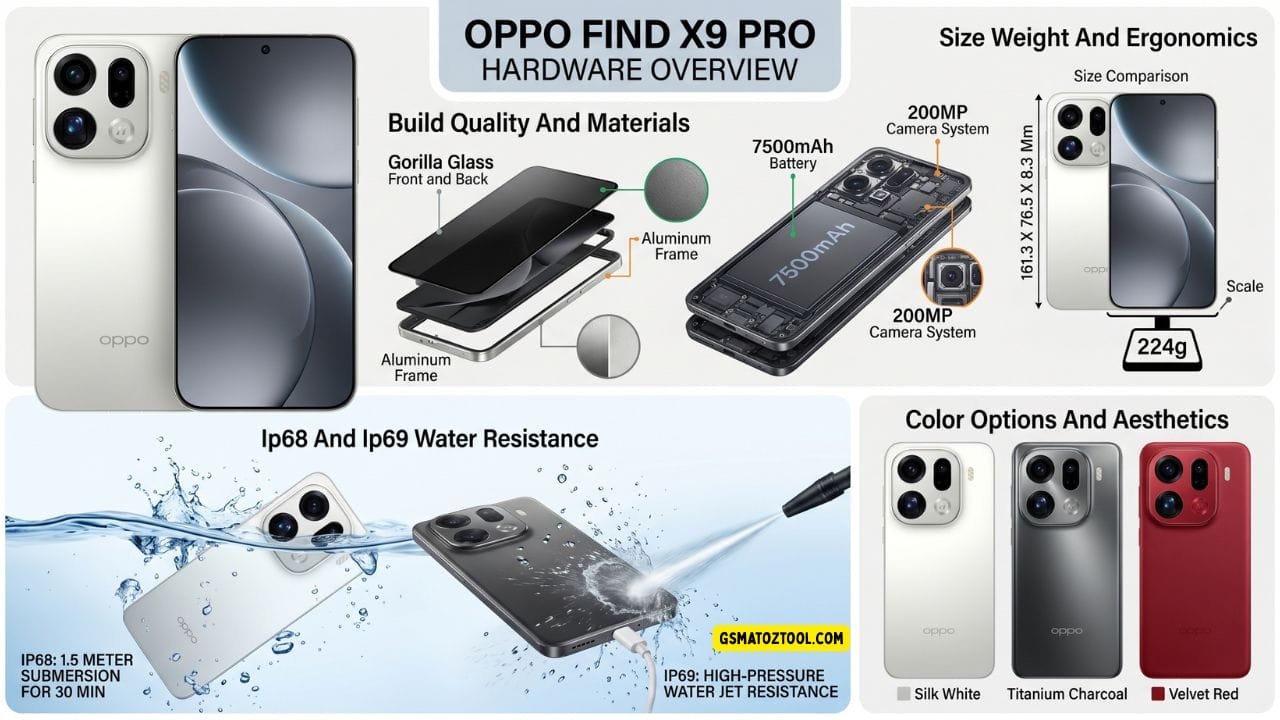 Oppo find x9 pro review smartphone in titanium charcoal showing 200mp periscope telephoto camera 6. 78-inch ltpo amoled display and premium aluminum frame with gorilla glass build
