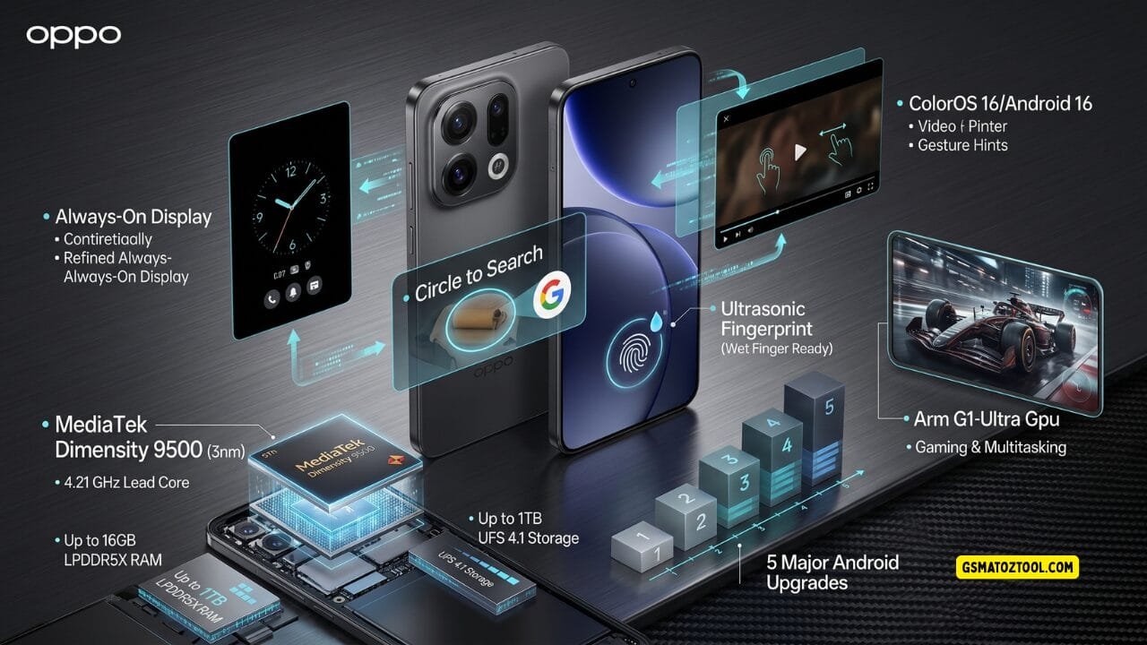 Oppo find x9 review worth the price or just overhyped? 4 Oppo find x9 infographic showing mediatek dimensity 9500 chipset 16gb ram 1tb ufs 4. 1 storage arm g1-ultra gpu ultrasonic fingerprint sensor circle to search always-on display and coloros 16 on android 16 with 5 major android upgrades