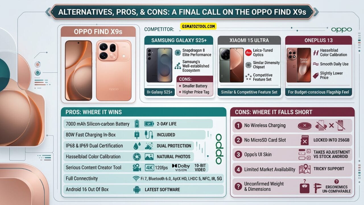 Oppo find x9s review alternatives pros and cons comparison chart showing verdict and score breakdown