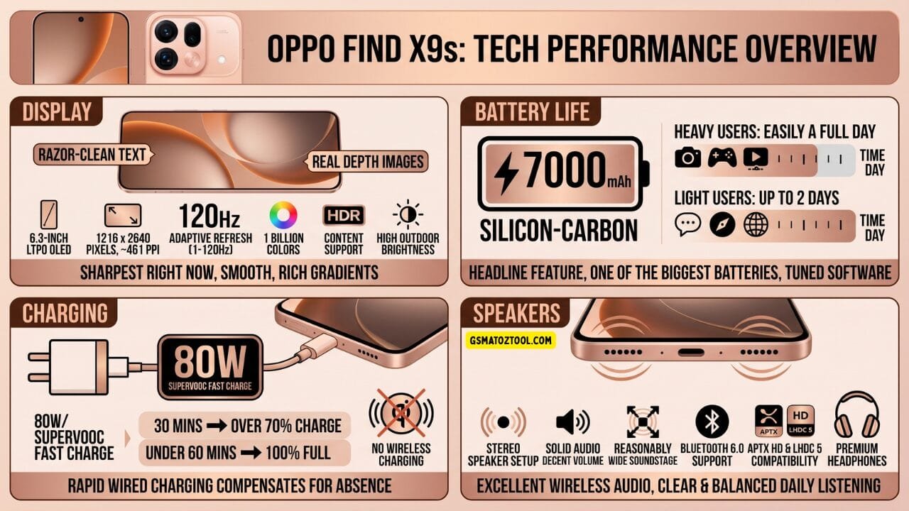 Oppo find x9s review lab tests showing ltpo oled display quality 7000 mah battery life results and audio speaker performance
