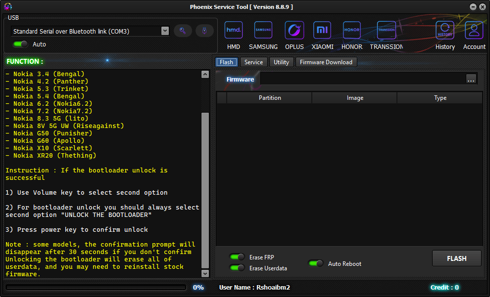Phoenix service tool showing nokia device list bootloader unlock instructions and flash options with frp erase settings.
