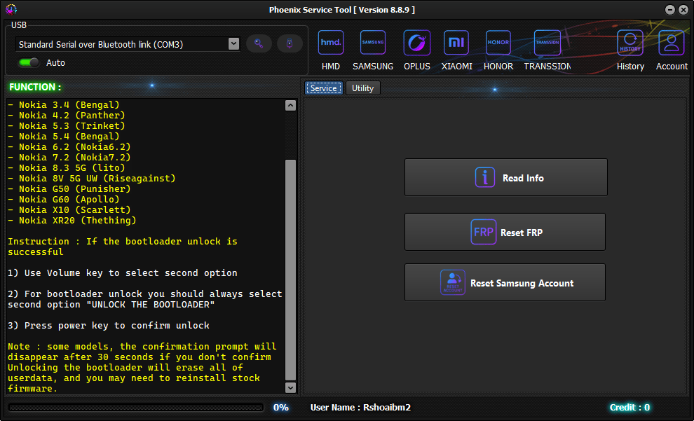 Phoenix service tool showing samsung brand service tab with read info reset frp and reset samsung account buttons for samsung device servicing.