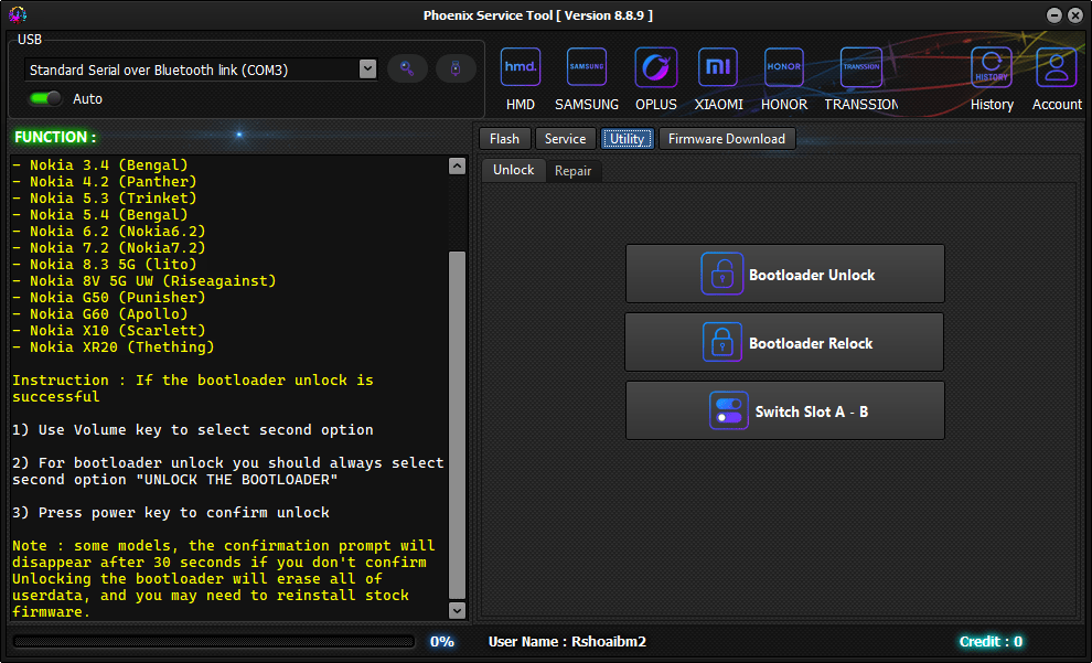Phoenix service tool utility tab showing bootloader unlock bootloader relock and switch slot a-b buttons under the unlock sub-tab for nokia devices.