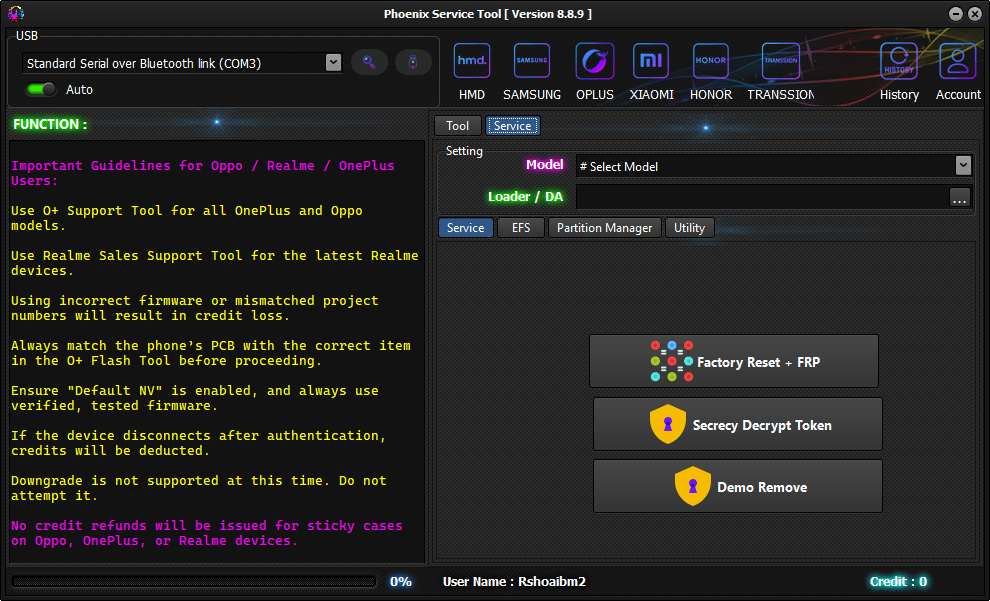 Three service buttons showing factory reset plus frp secrecy decrypt token and demo remove options in phoenix service tool.