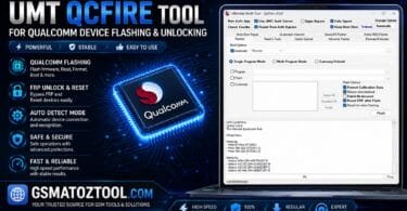 Umt qcfire tool promotional banner showing qualcomm flasher interface and frp unlock
