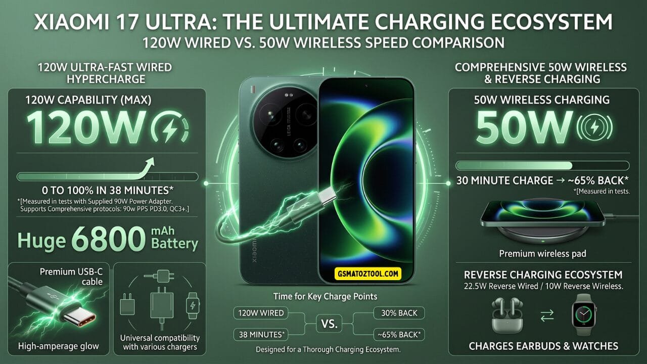 Xiaomi 17 ultra review – ultimate charging ecosystem infographic 120w wired hypercharge 0 to 100 percent in 38 minutes 6800mah battery 50w wireless 30 minutes 65 percent 22. 5w reverse wired 10w reverse wireless charging earbuds and watches