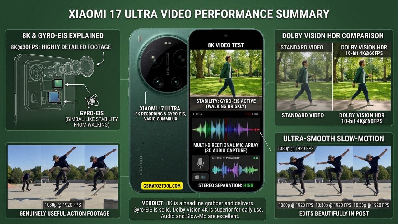 Xiaomi 17 ultra review – video performance summary infographic showing 8k at 30fps gyro-eis gimbal-like stability dolby vision hdr 10-bit 4k at 60fps standard video comparison multi-directional mic array high stereo separation and 1080p at 1920fps ultra-smooth slow motion skateboarder action footage