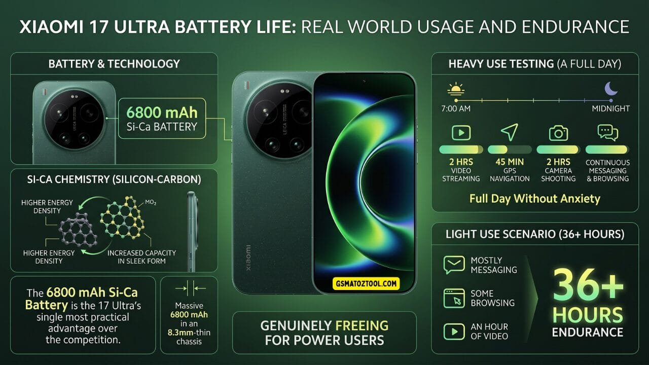 Xiaomi 17 ultra review – battery life real world usage infographic showing 6800mah si-ca silicon carbon battery heavy use full day testing 7am to midnight 2 hours video streaming 45 min gps 2 hours camera shooting and light use 36 plus hours endurance