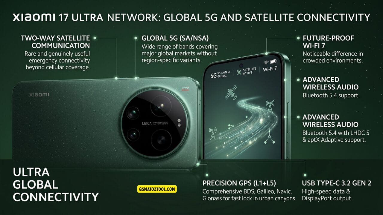 Xiaomi 17 ultra review – global 5g sa nsa and satellite connectivity infographic showing two-way satellite communication wi-fi 7 bluetooth 5. 4 lhdc 5 aptx adaptive precision gps l1 plus l5 bds galileo navic glonass and usb type-c 3. 2 gen 2 displayport