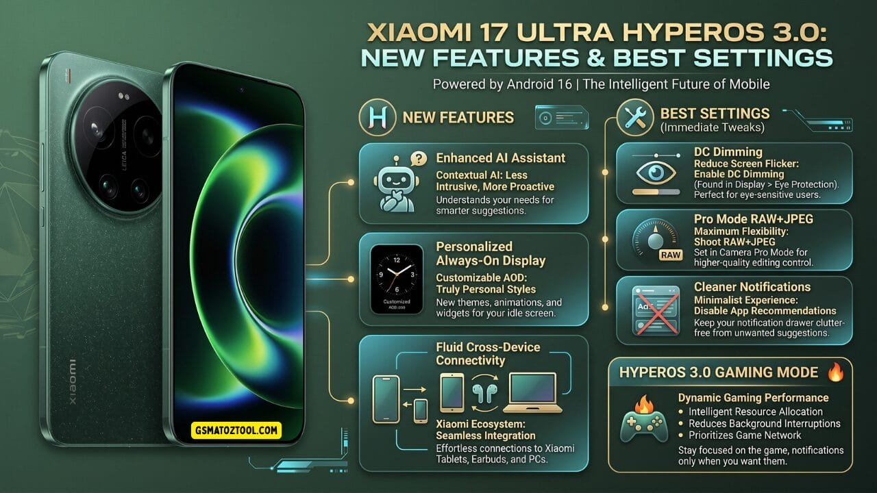 Xiaomi 17 ultra review – hyperos 3. 0 new features and best settings infographic showing enhanced ai assistant personalized always-on display fluid cross-device connectivity dc dimming pro mode raw plus jpeg cleaner notifications and hyperos 3. 0 gaming mode