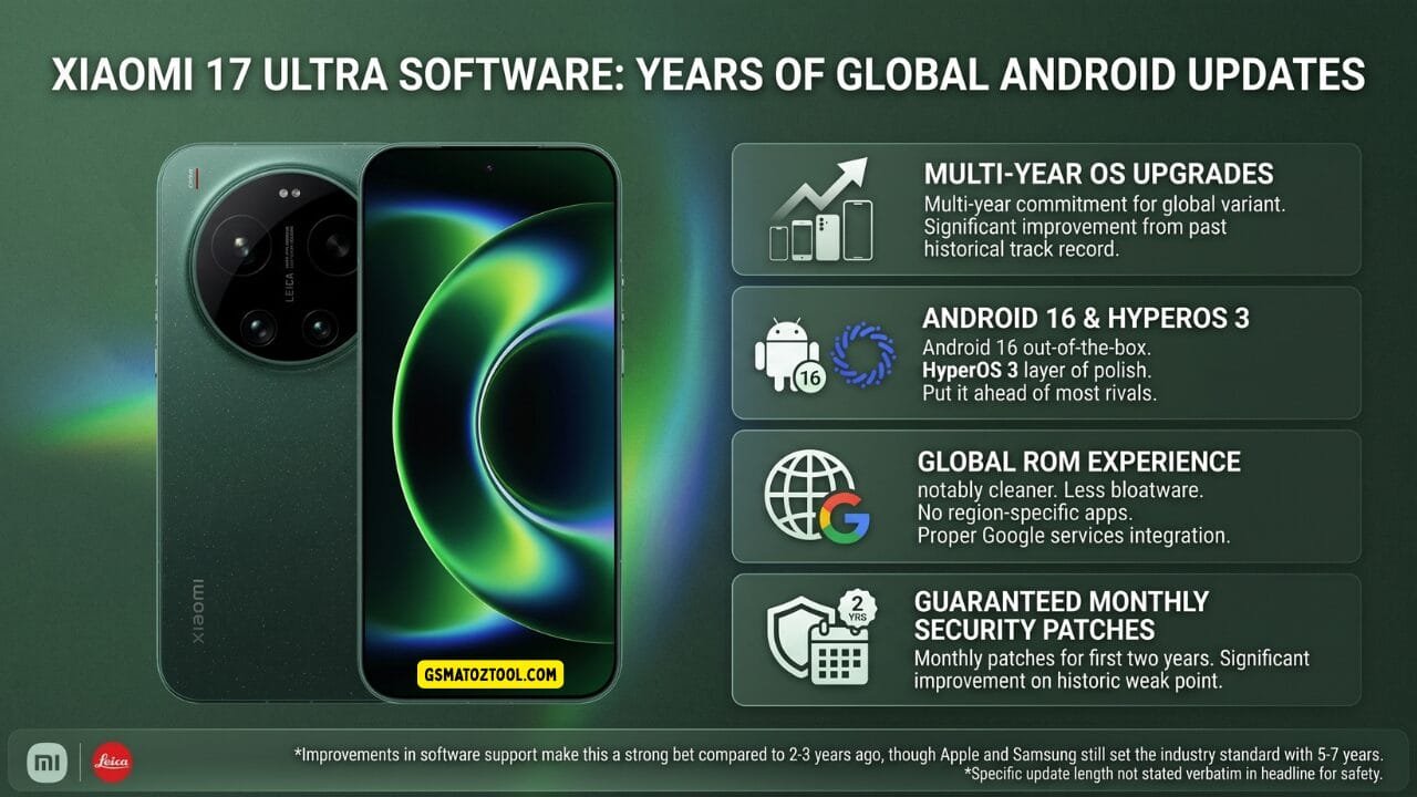 Xiaomi 17 ultra review – software years of global android updates infographic showing multi-year os upgrades android 16 hyperos 3 global rom less bloatware proper google services and guaranteed monthly security patches for two years