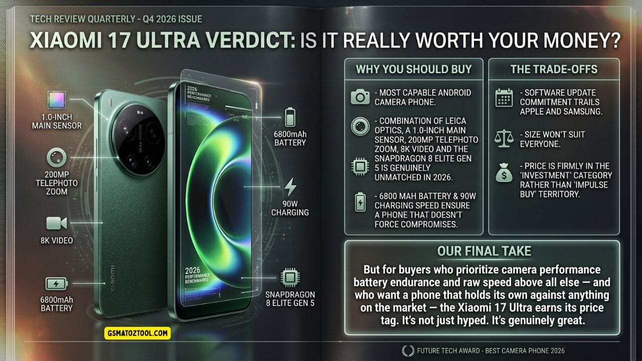 Xiaomi 17 ultra review – final verdict infographic showing why you should buy 1-inch main sensor 200mp telephoto 8k video 6800mah battery 90w charging snapdragon 8 elite gen 5 trade-offs software updates size price and final take it is genuinely great future tech award best camera phone 2026