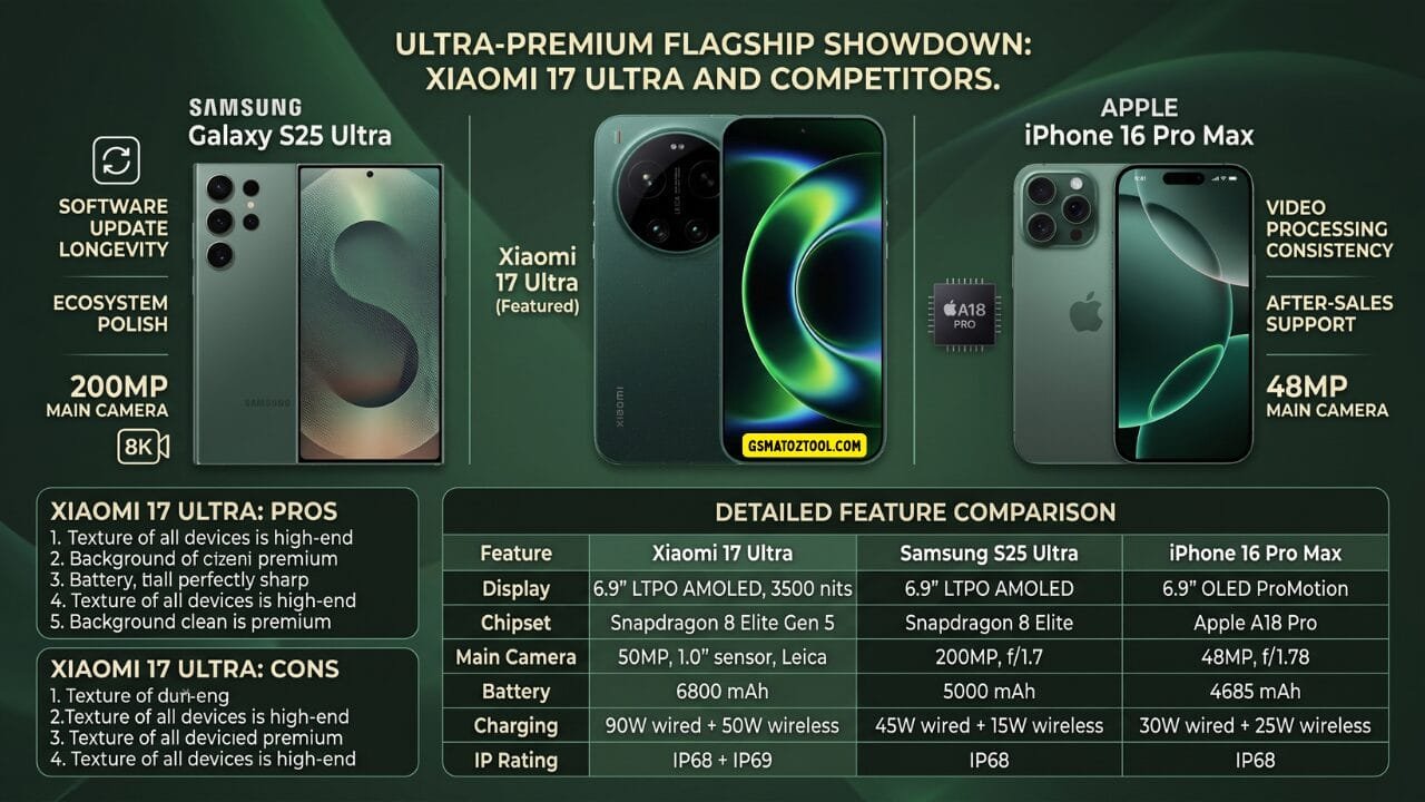 Xiaomi 17 ultra review – ultra premium flagship showdown comparison infographic versus samsung galaxy s25 ultra and apple iphone 16 pro max showing display chipset main camera battery charging and ip rating detailed feature comparison table