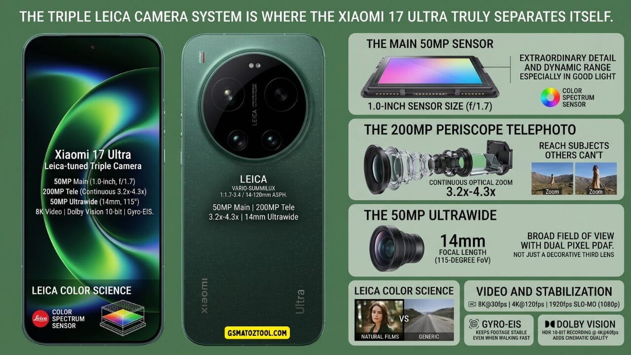 Xiaomi 17 ultra review – triple leica camera system infographic showing 50mp main 1-inch sensor 200mp periscope telephoto 3. 2x to 4. 3x optical zoom 50mp ultrawide 14mm 115 degree fov leica color science and 8k video gyro-eis dolby vision