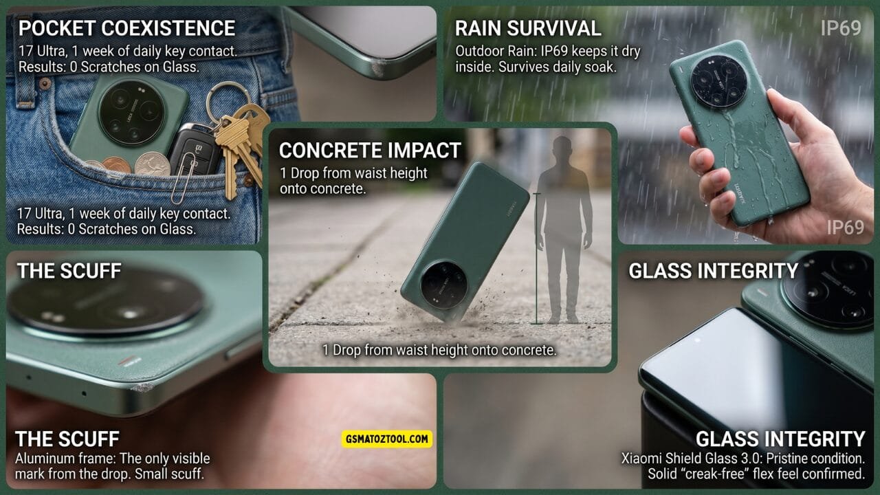Xiaomi 17 ultra review – real world durability test infographic showing zero scratches after key contact ip69 rain survival concrete drop test small aluminum frame scuff and xiaomi shield glass 3. 0 intact
