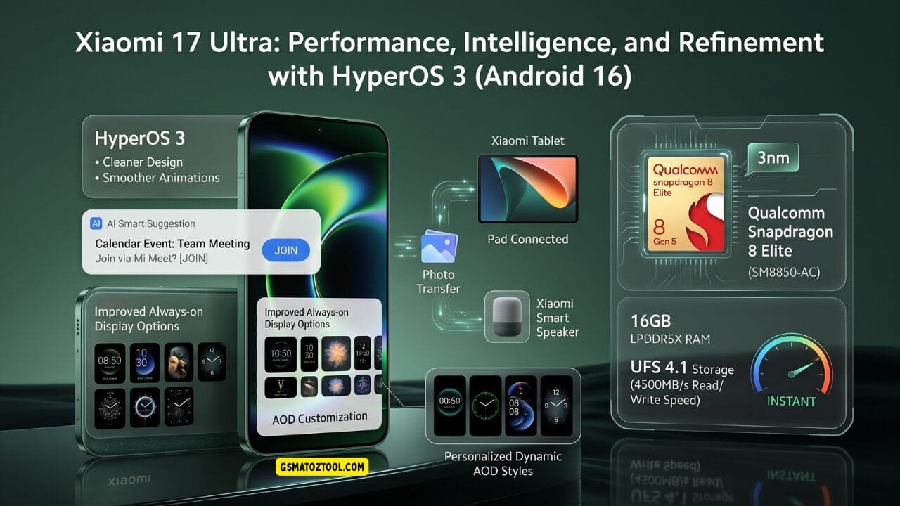 Xiaomi 17 ultra review – hyperos 3 android 16 ai smart suggestions aod customization qualcomm snapdragon 8 elite gen 5 3nm 16gb ram ufs 4. 1 storage and cross-device connectivity infographic
