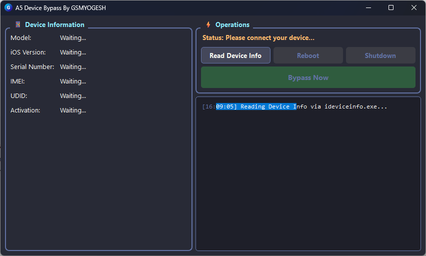 Free a5 device bypass tool interface showing one-click bypass option for iphone 4s ipad 2 and compatible devices on windows pc