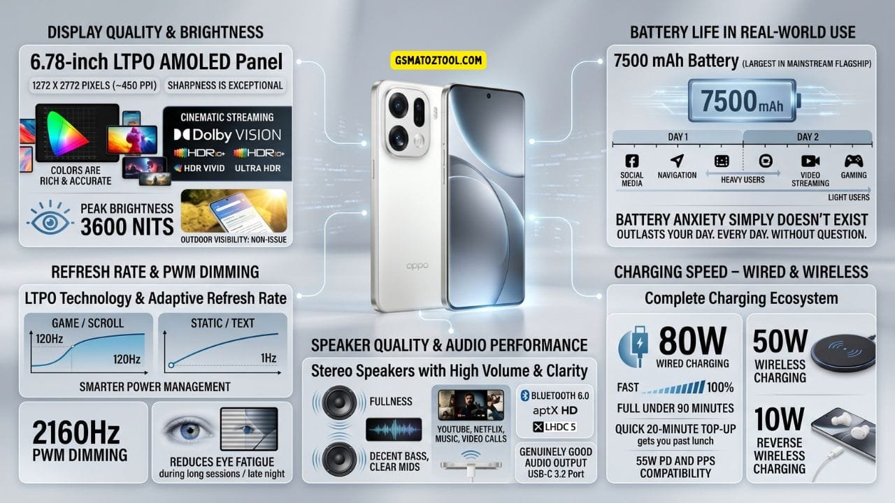 Oppo find x9 pro infographic showing 6. 78-inch ltpo amoled display with 3600 nits peak brightness dolby vision hdr10 plus 120hz adaptive refresh rate 2160hz pwm dimming 7500 mah two-day battery 80w wired 50w wireless and 10w reverse charging and stereo speakers with bluetooth 6. 0 aptx hd and lhdc 5