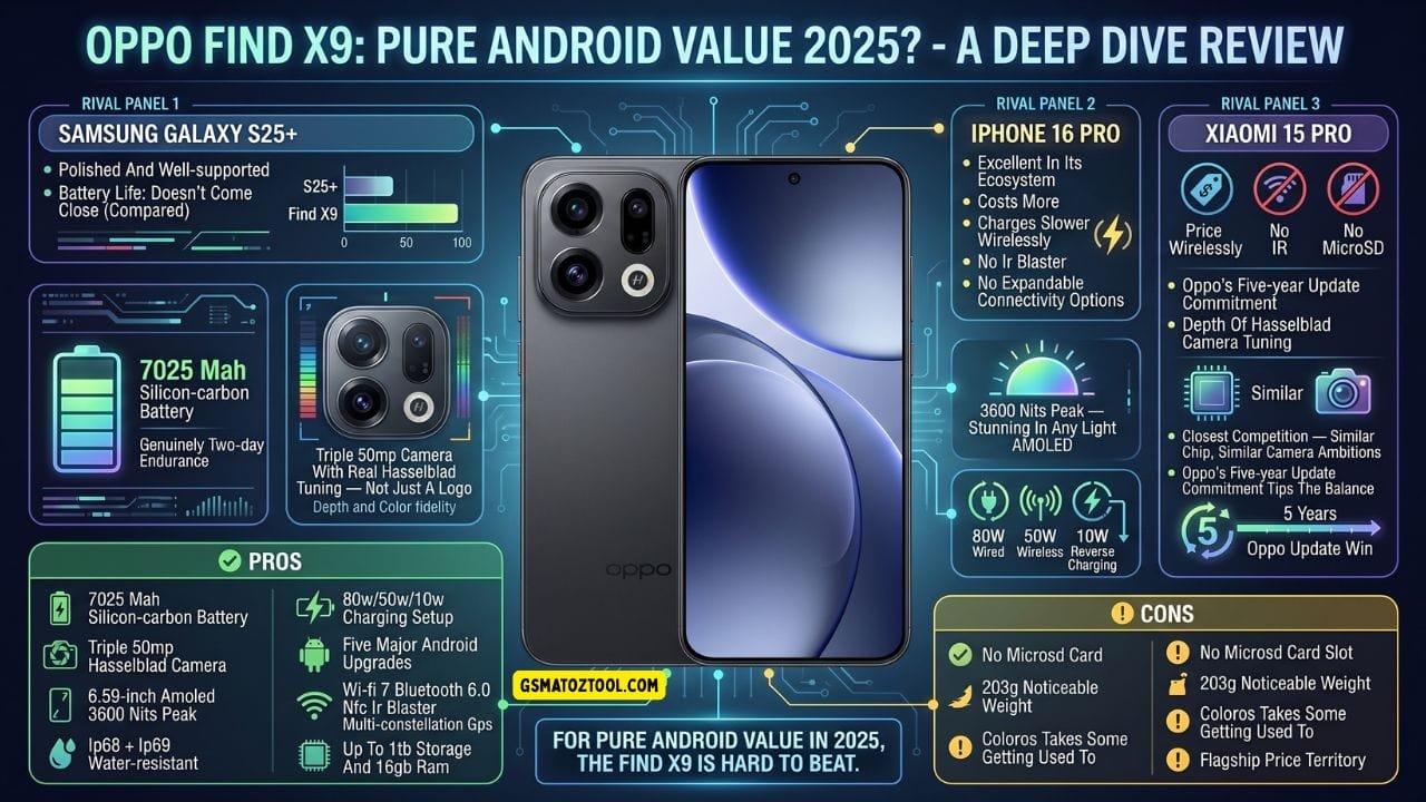 Oppo find x9 review worth the price or just overhyped? 6 Oppo find x9 deep dive review infographic comparing against samsung galaxy s25 plus iphone 16 pro and xiaomi 15 pro showing 7025 mah silicon-carbon battery triple 50mp hasselblad camera 6. 59-inch amoled at 3600 nits peak ip68 plus ip69 water resistance 80w wired 50w wireless and 10w reverse charging wi-fi 7 bluetooth 6. 0 nfc ir blaster up to 1tb storage and 16gb ram with pros and cons breakdown and five major android upgrades