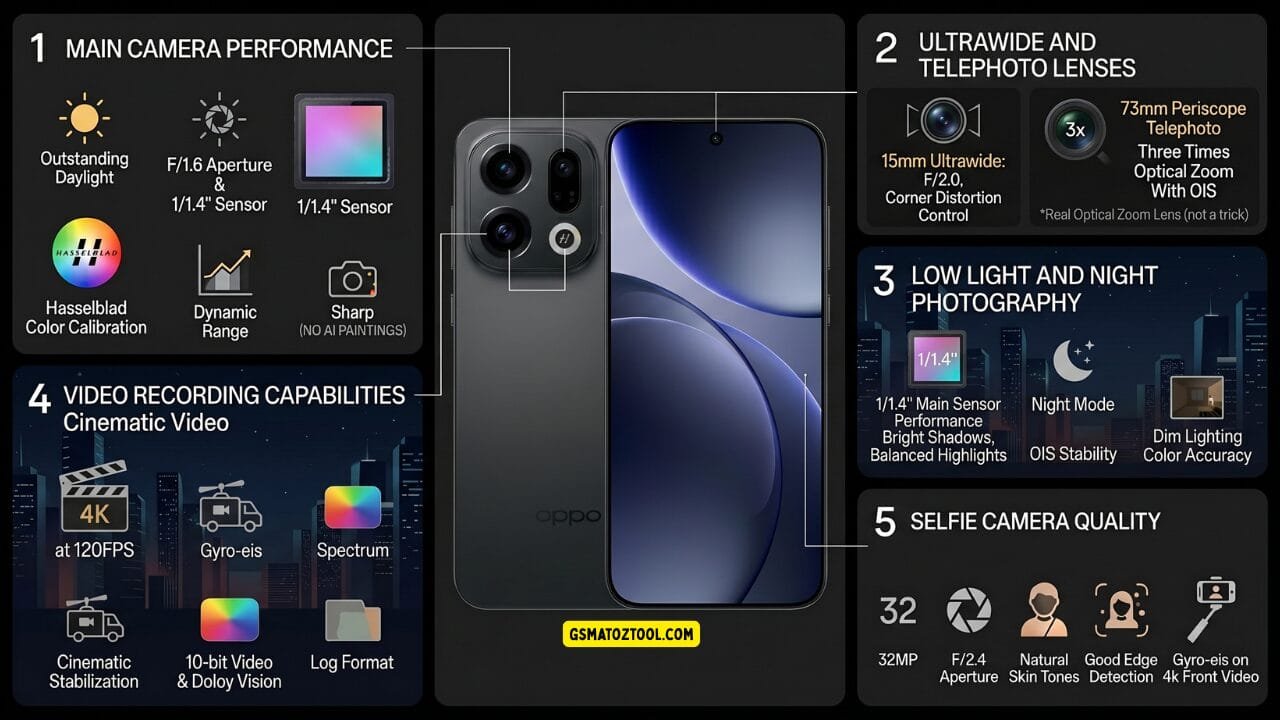 Oppo find x9 review worth the price or just overhyped? 5 Oppo find x9 camera infographic showing main 50mp f/1. 6 camera with 1/1. 4" sensor and hasselblad color calibration 15mm ultrawide 73mm periscope telephoto with 3x optical zoom night photography with ois stability 4k 120fps cinematic video with 10-bit dolby vision and log format and 32mp selfie camera with gyro-eis on 4k front video