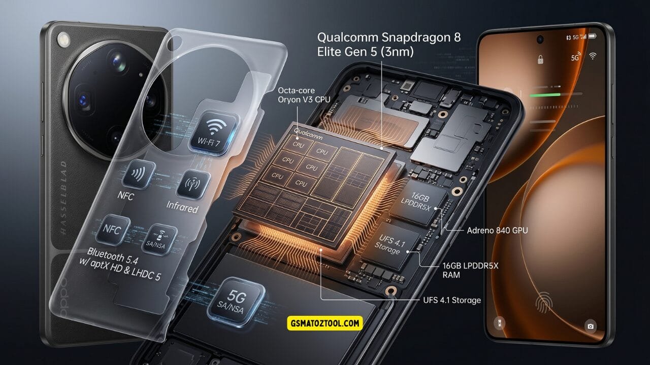 Oppo find x9 ultra 5g smartphone displayed front and back showing quad camera system and premium eco leather design