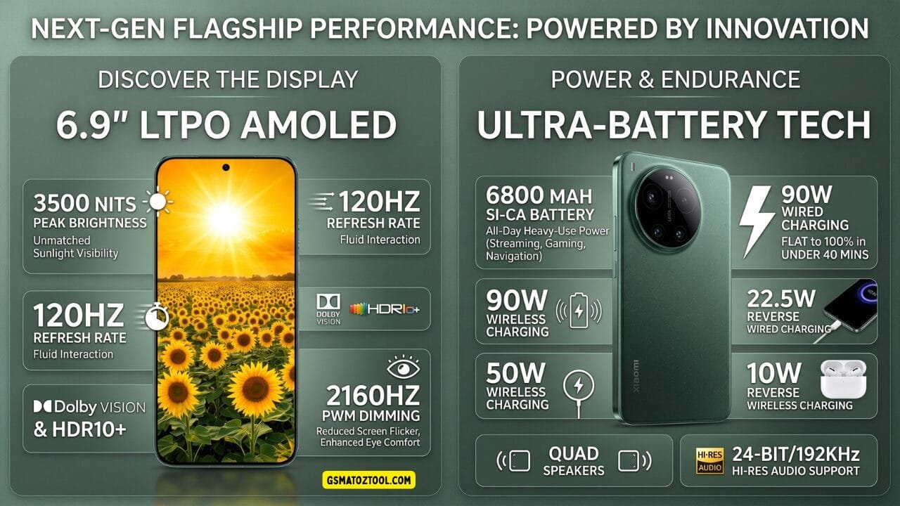 Xiaomi 17 ultra review – 6. 9 inch ltpo amoled display 3500 nits 120hz 2160hz pwm dolby vision hdr10 plus and 6800mah battery 90w charging 50w wireless 24-bit hi-res audio infographic
