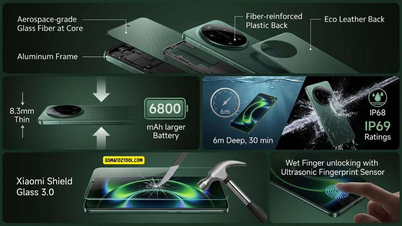 Xiaomi 17 ultra review – design build infographic showing aerospace glass fiber aluminum frame 6800mah battery ip68 ip69 rating xiaomi shield glass 3. 0 and ultrasonic fingerprint sensor