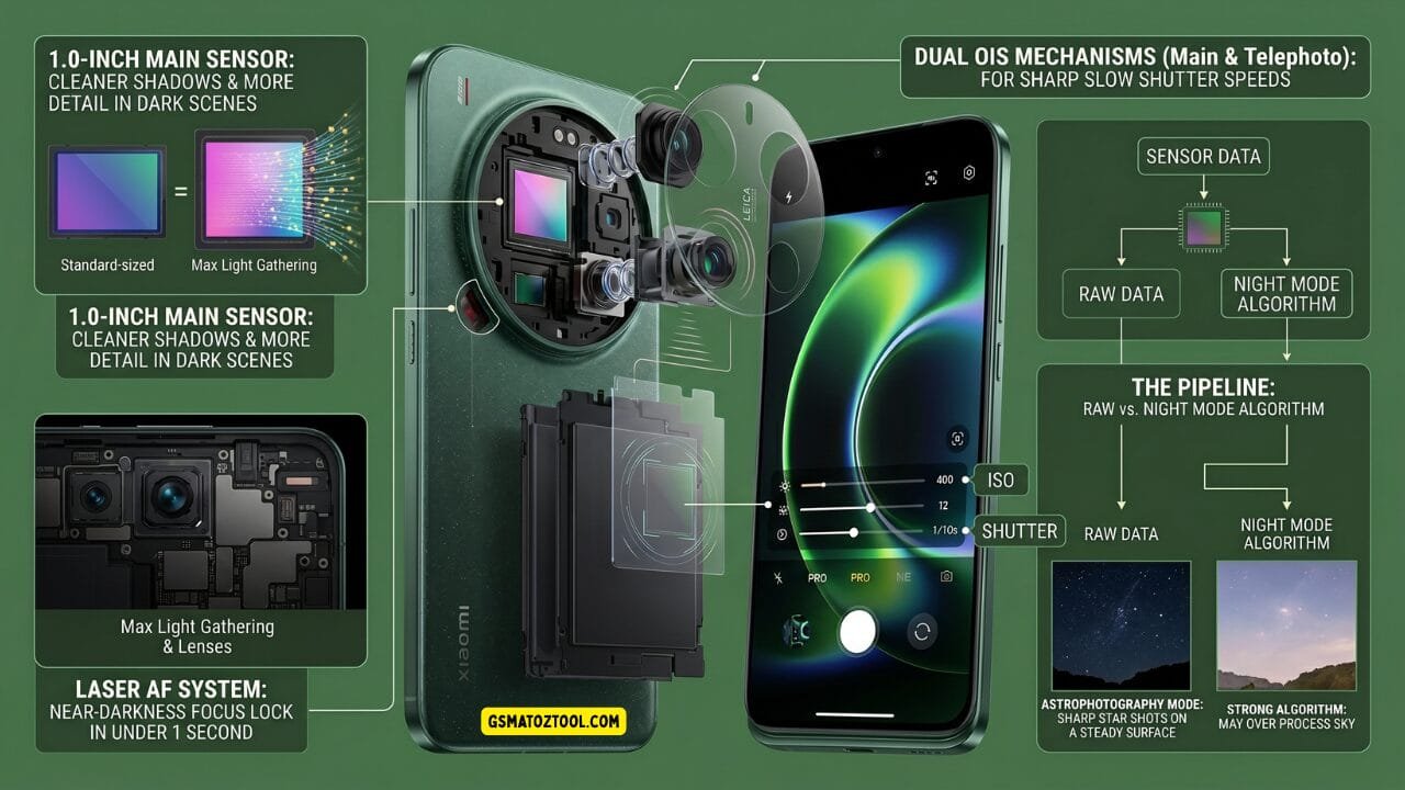 Xiaomi 17 ultra review – low light night photography infographic showing 1-inch main sensor max light gathering dual ois main and telephoto laser af near-darkness focus lock under 1 second raw vs night mode algorithm pipeline and astrophotography mode sharp star shots