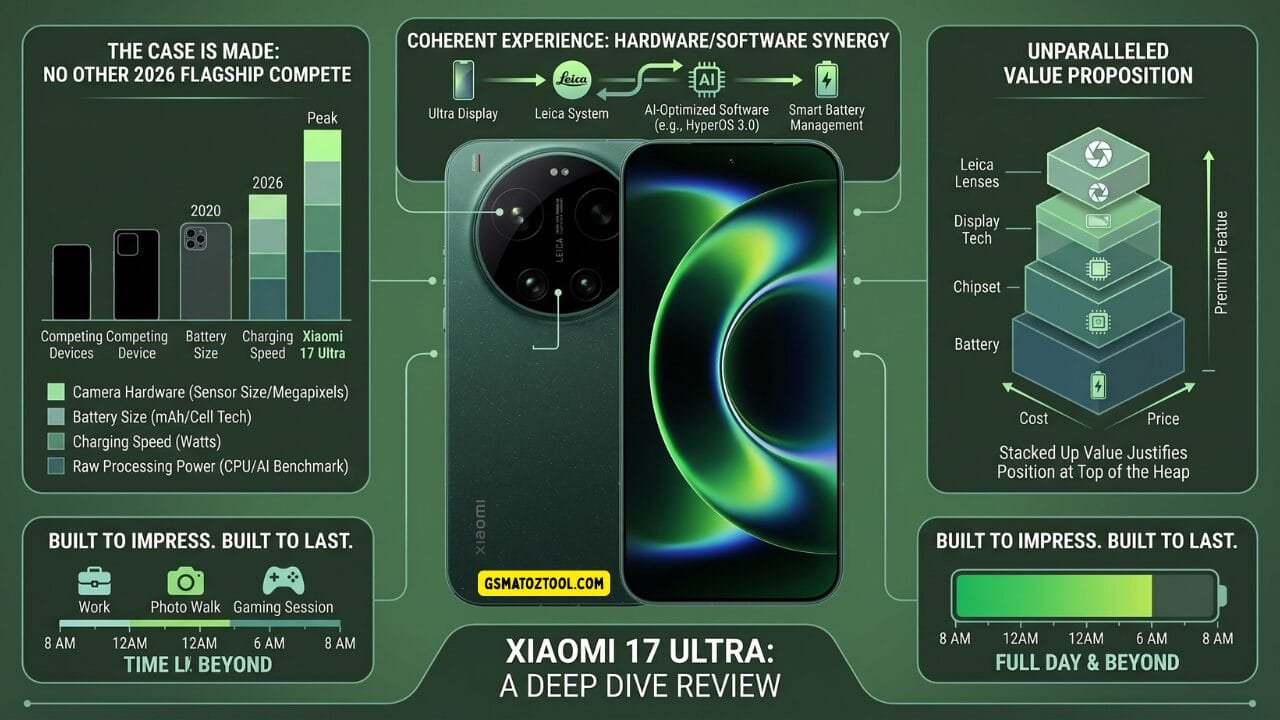 Xiaomi 17 ultra review infographic showing flagship comparison chart hardware software synergy value proposition and full day battery life