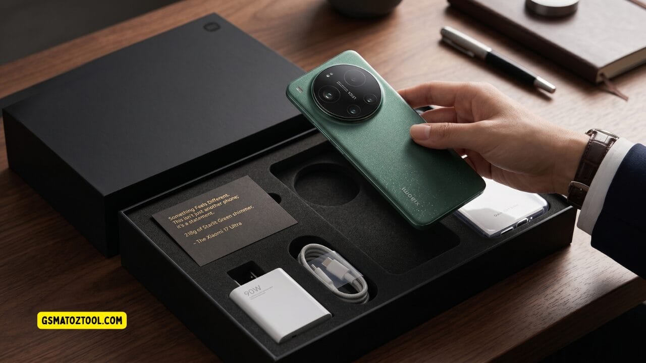 Xiaomi 17 ultra review – unboxing starlit green model with 90w charger usb-c cable and case inside premium black box