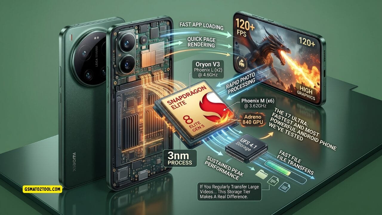 Xiaomi 17 ultra review – snapdragon 8 elite gen 5 3nm chipset infographic showing oryon v3 phoenix l x2 at 4. 6ghz phoenix m x6 at 3. 62ghz adreno 840 gpu 120 plus fps ufs 4. 1 storage fast file transfers and sustained peak performance