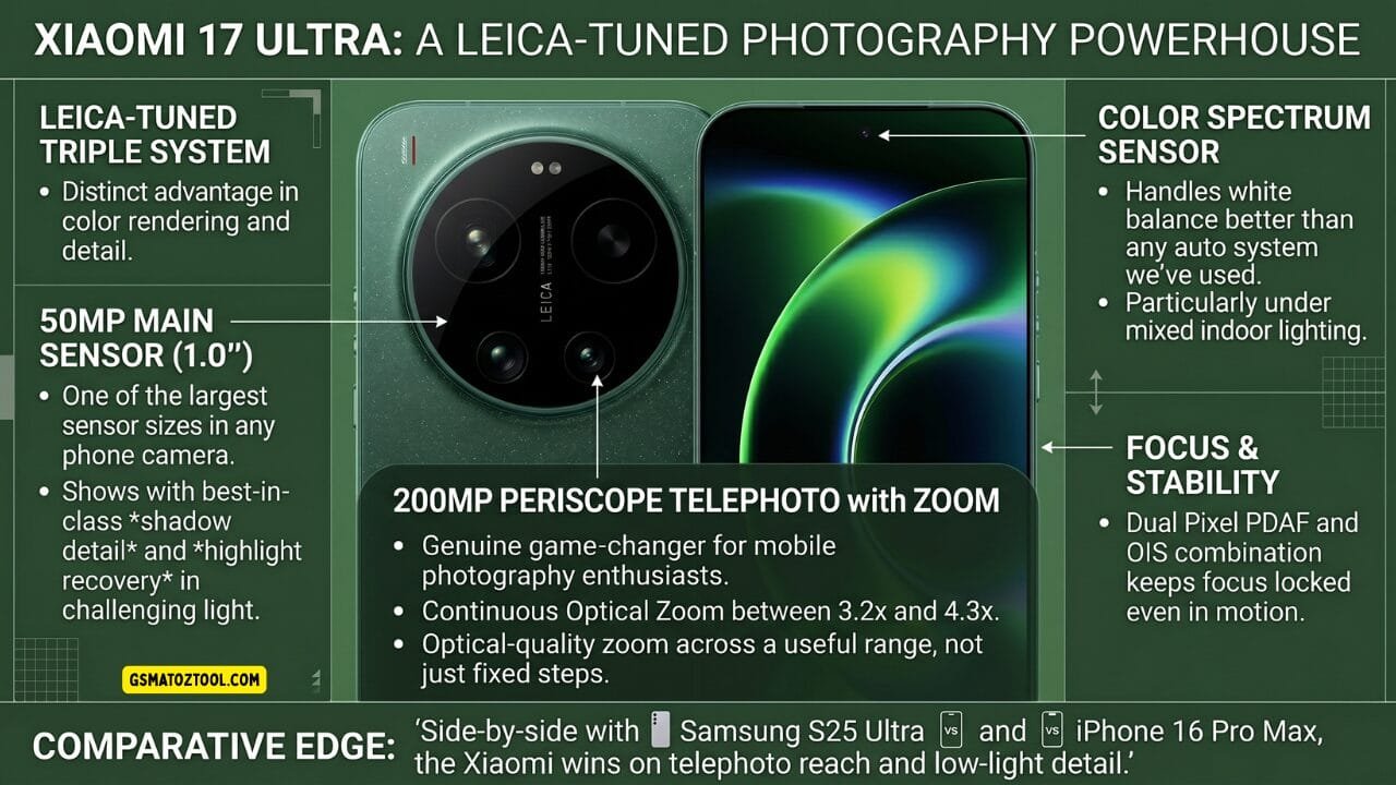 Alt text: xiaomi 17 ultra review – leica tuned triple camera infographic showing 50mp main 1-inch sensor best-in-class shadow detail 200mp periscope telephoto 3. 2x to 4. 3x continuous optical zoom color spectrum sensor dual pixel pdaf ois and comparative edge over samsung s25 ultra and iphone 16 pro max