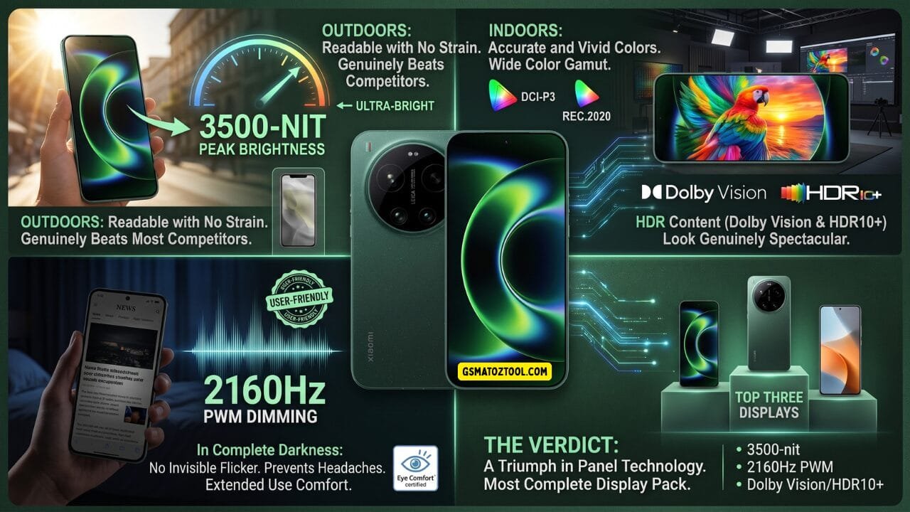 Xiaomi 17 ultra review – display test infographic showing 3500 nit peak brightness outdoor readability dci-p3 rec2020 wide color gamut dolby vision hdr10 plus 2160hz pwm dimming eye comfort and top three displays verdict