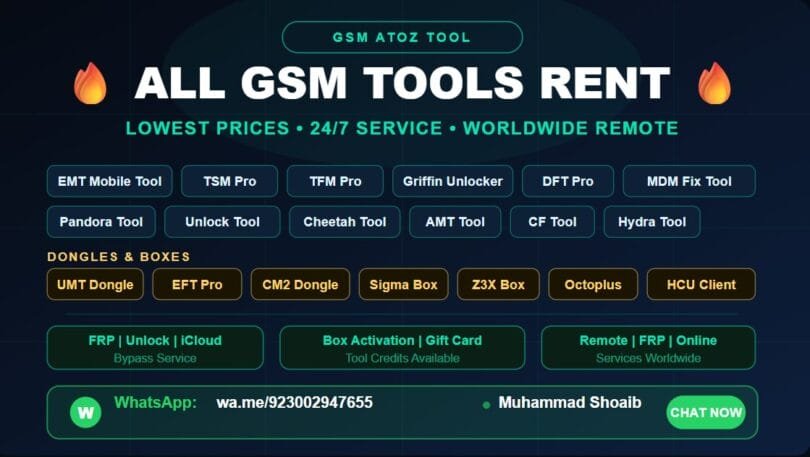 Gsm tool rent service - emt, tsm, dft, griffin, umt, z3x, octoplus available for rent. Frp bypass, icloud unlock, dongle activation. Contact muhammad shoaib on whatsapp 923002947655