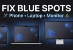 A dark-themed graphic showing blue spots appearing on the screens of three devices — a smartphone a laptop and a desktop monitor — with the heading "fix blue spots" and subtext listing phone laptop and monitor.