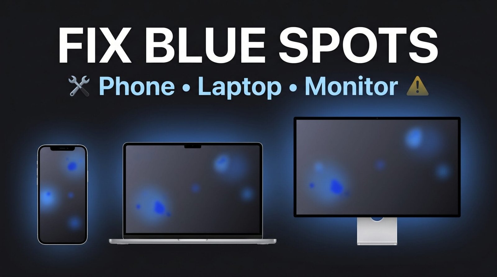 A dark-themed graphic showing blue spots appearing on the screens of three devices — a smartphone a laptop and a desktop monitor — with the heading "fix blue spots" and subtext listing phone laptop and monitor.