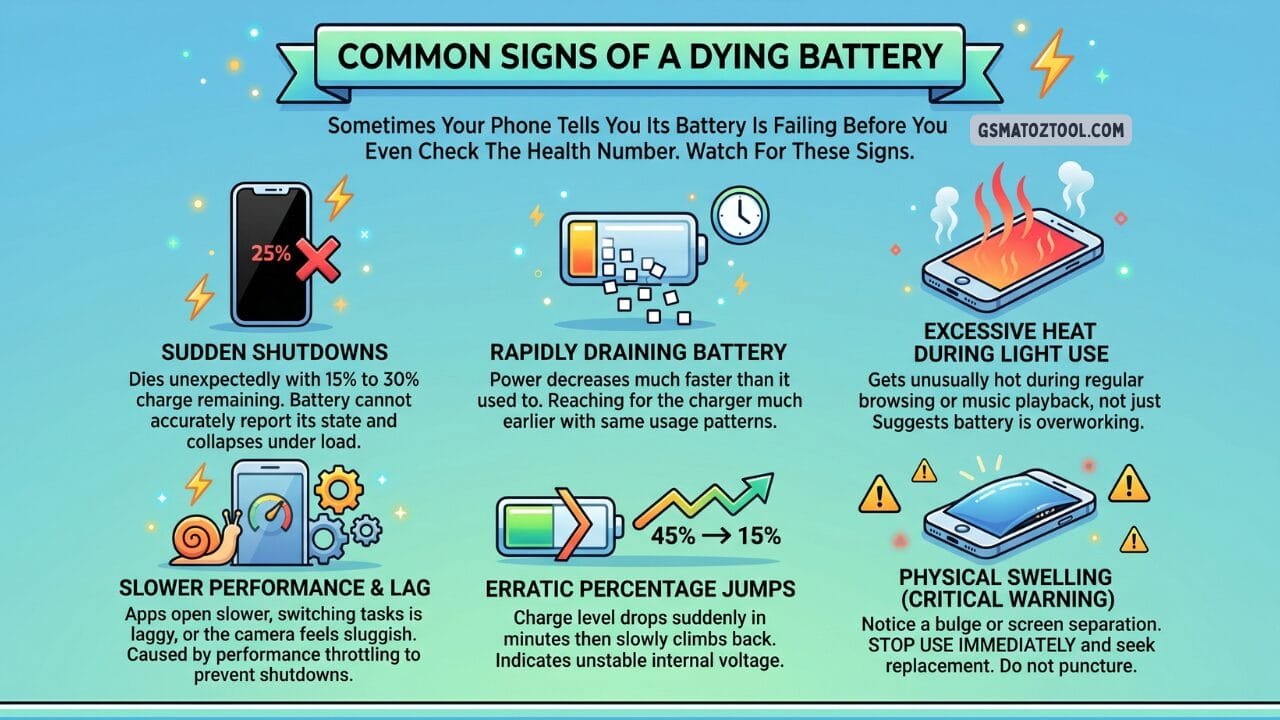 How to check phone battery health (iphone & android) 8 Common signs of a dying phone battery — six warning signs including sudden shutdowns at 25% rapidly draining battery excessive heat slower performance erratic percentage jumps and physical swelling
